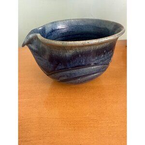 Vintage 1982 Signed Blue Glazed Ceramic Mixing Bowl With Pour Spout Handcrafted